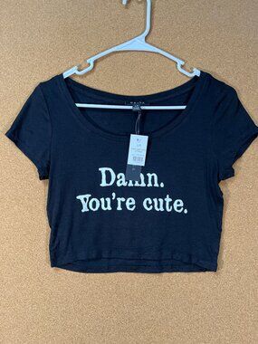 UK2LA Women Crop Top Shirt Large Black Graphic Tee Short Sleeve NWT